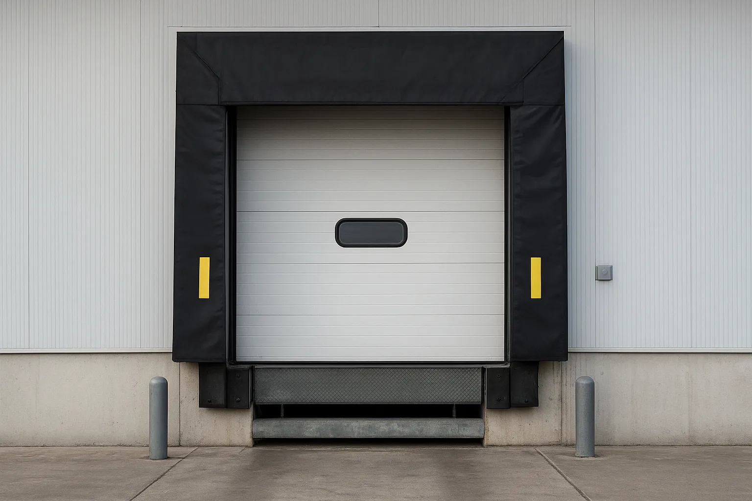 Closed loading dock door with a black dock shelter, bumpers, and safety bollards outside an industrial warehouse.