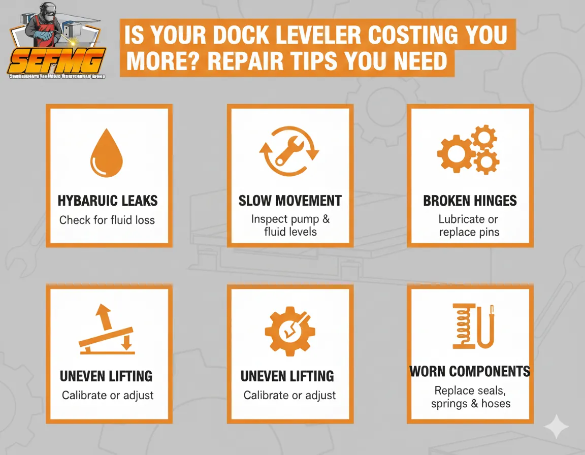 Infographic banner for a blog post titled 'Is Your Dock Leveler Costing You More? Repair Tips You Need.' Features a professional layout in orange, gray, and black, with 5 distinct icons illustrating common dock leveler problems: hydraulic leaks, slow movement, broken hinges, uneven lifting, and worn components. Includes the SEFMG logo in the upper left corner.