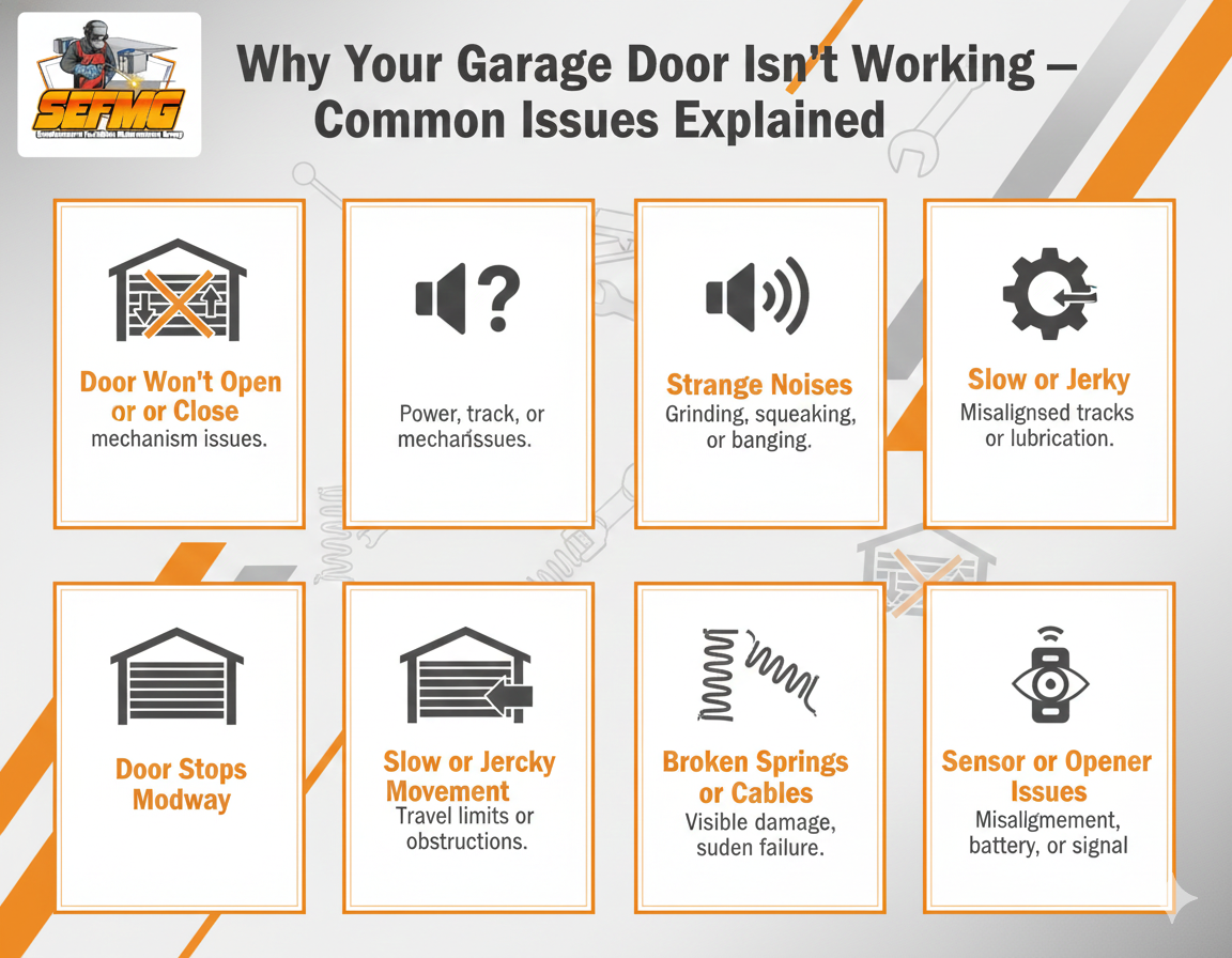 Infographic showing common garage door problems such as not opening, strange noises, jerky movement, stopping midway, broken springs, and sensor issues, displayed with clean icons and a modern layout.
