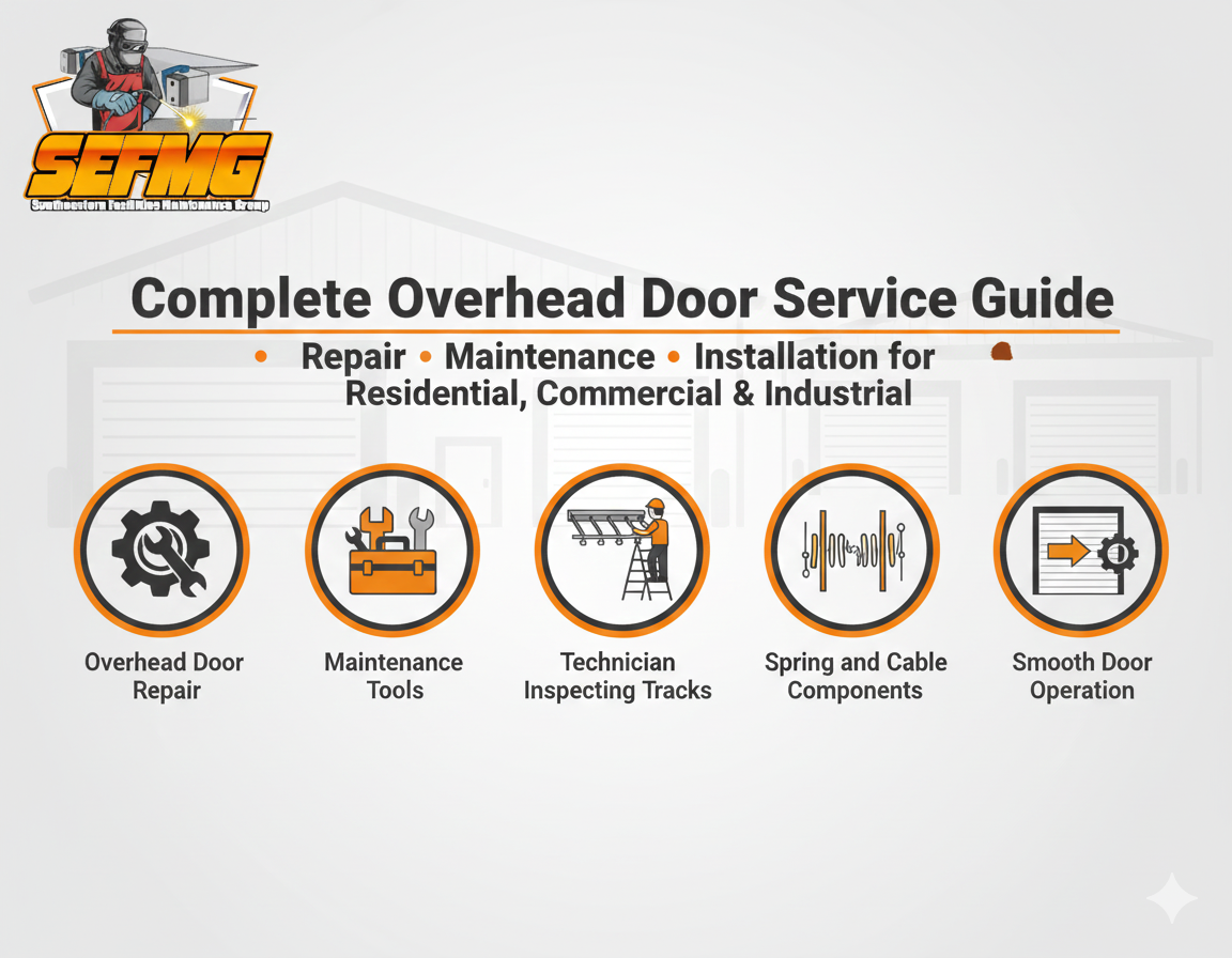 Infographic banner showing overhead door repair, maintenance, and installation icons with a technician inspecting an industrial door, titled ‘Complete Overhead Door Service Guide.