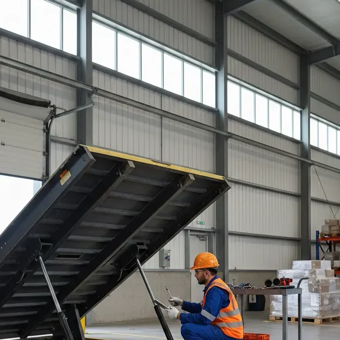 Technician repairing a dock leveler at an industrial loading dock in a modern Atlanta warehouse.