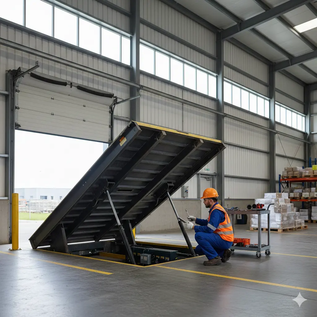 Technician repairing a dock leveler at an industrial loading dock in a modern Atlanta warehouse.