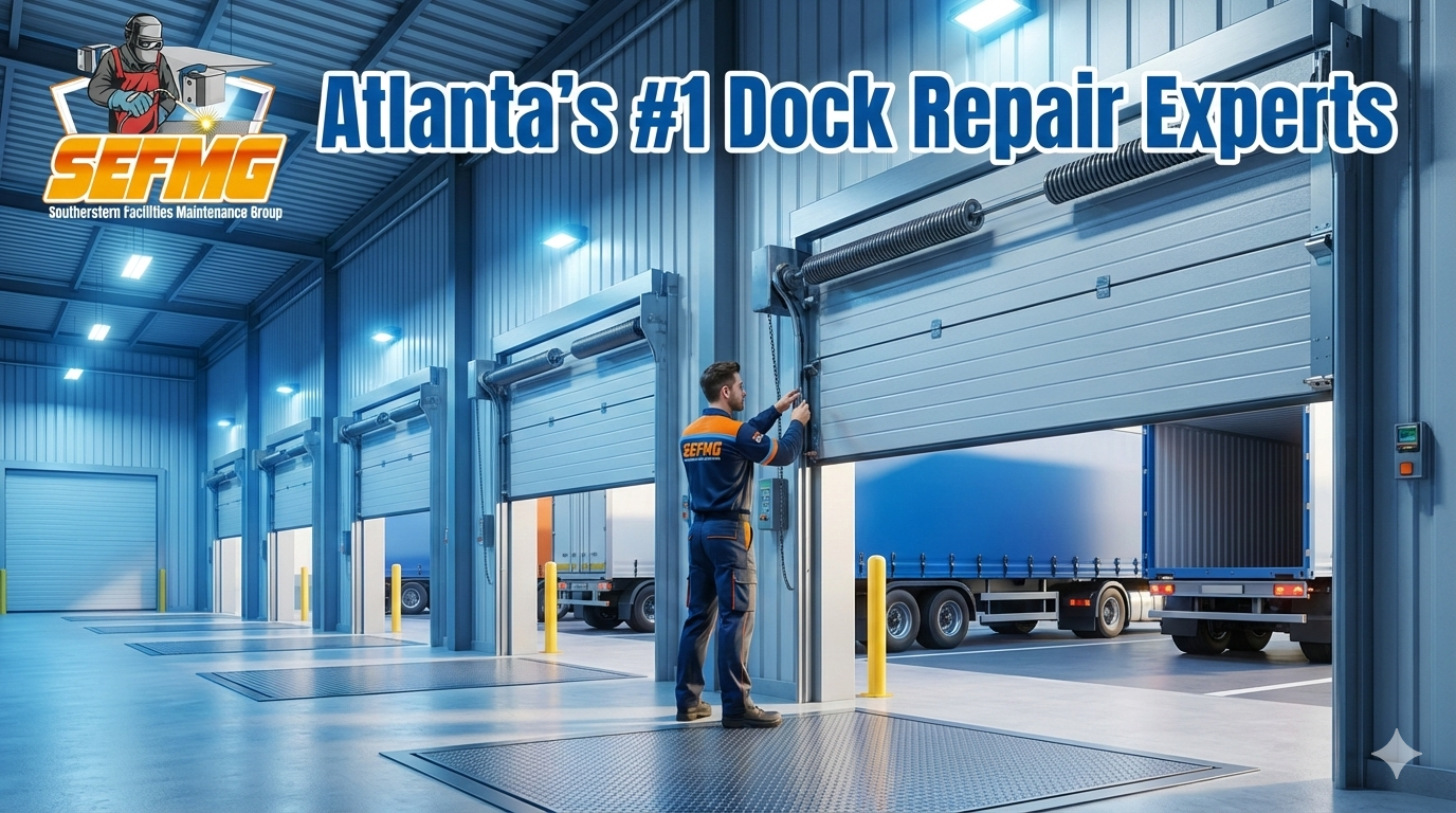 Technician performing dock door maintenance inside a warehouse loading dock with multiple bay doors and trucks.