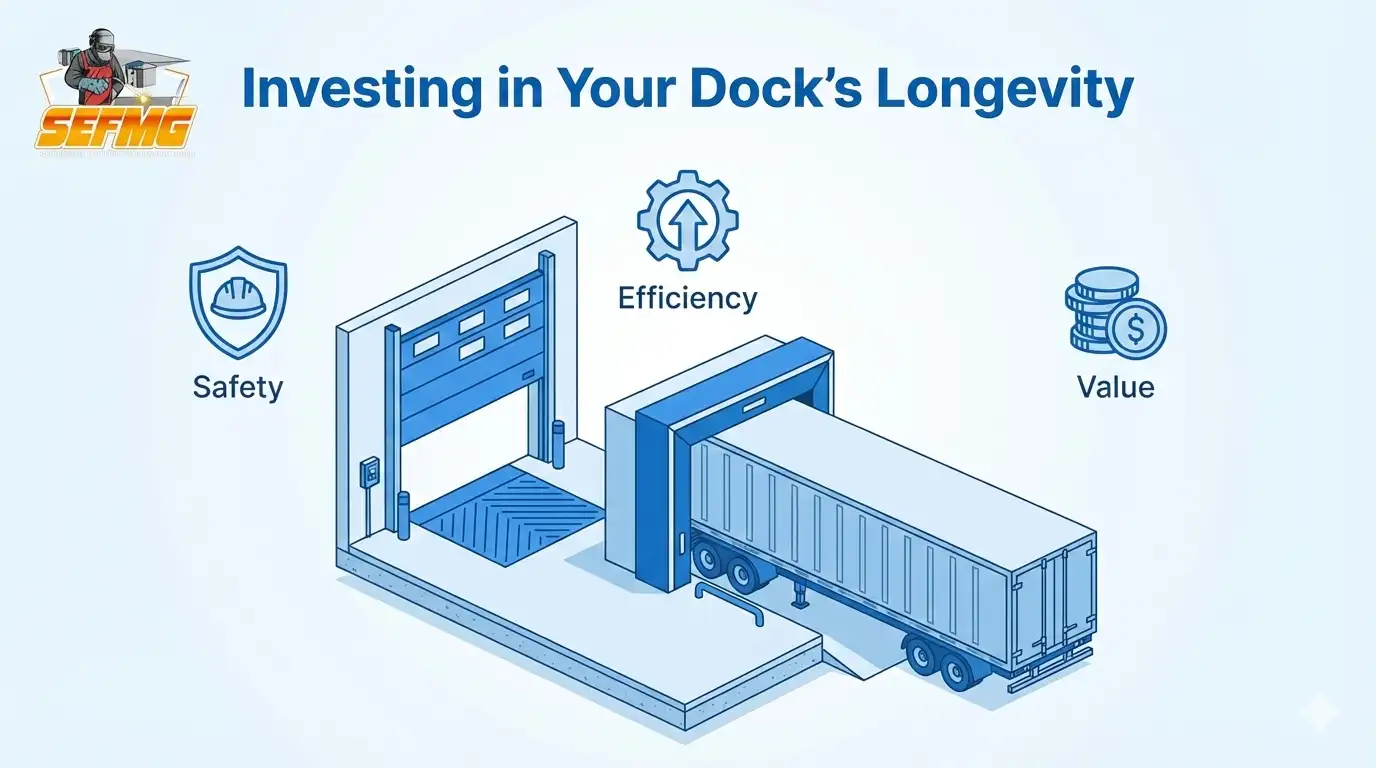 Illustration of a loading dock with dock door and truck highlighting safety, operational efficiency, and long-term value.