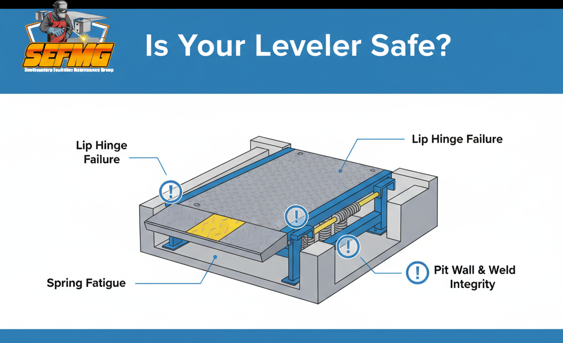 Technician performing dock door maintenance inside a warehouse loading dock with multiple bay doors and trucks.