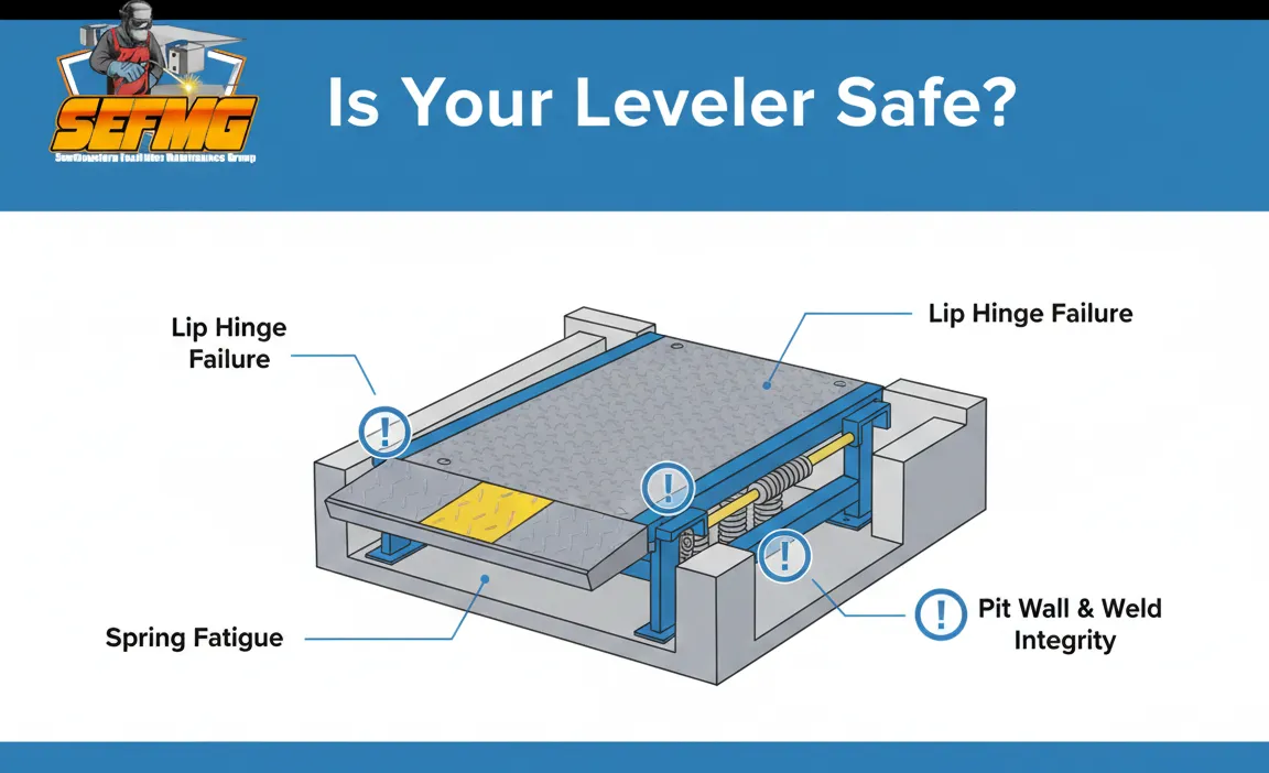 Technician performing dock door maintenance inside a warehouse loading dock with multiple bay doors and trucks.