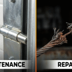 Side-by-side comparison showing well-maintained dock door hinge versus damaged dock cable requiring repair.