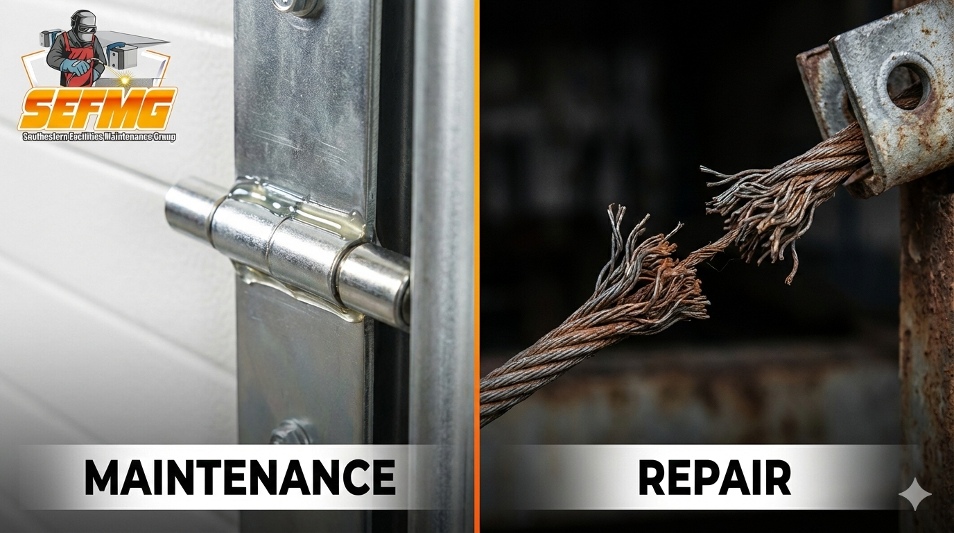 Side-by-side comparison showing well-maintained dock door hinge versus damaged dock cable requiring repair.