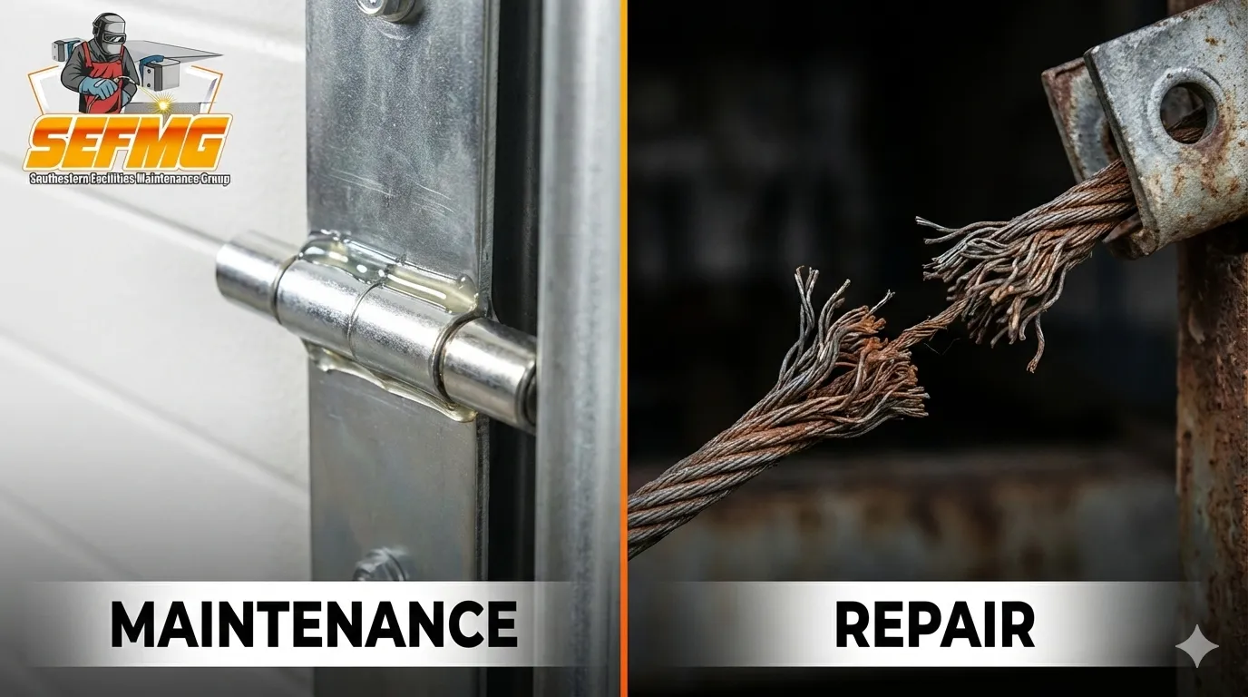 Side-by-side comparison showing well-maintained dock door hinge versus damaged dock cable requiring repair.