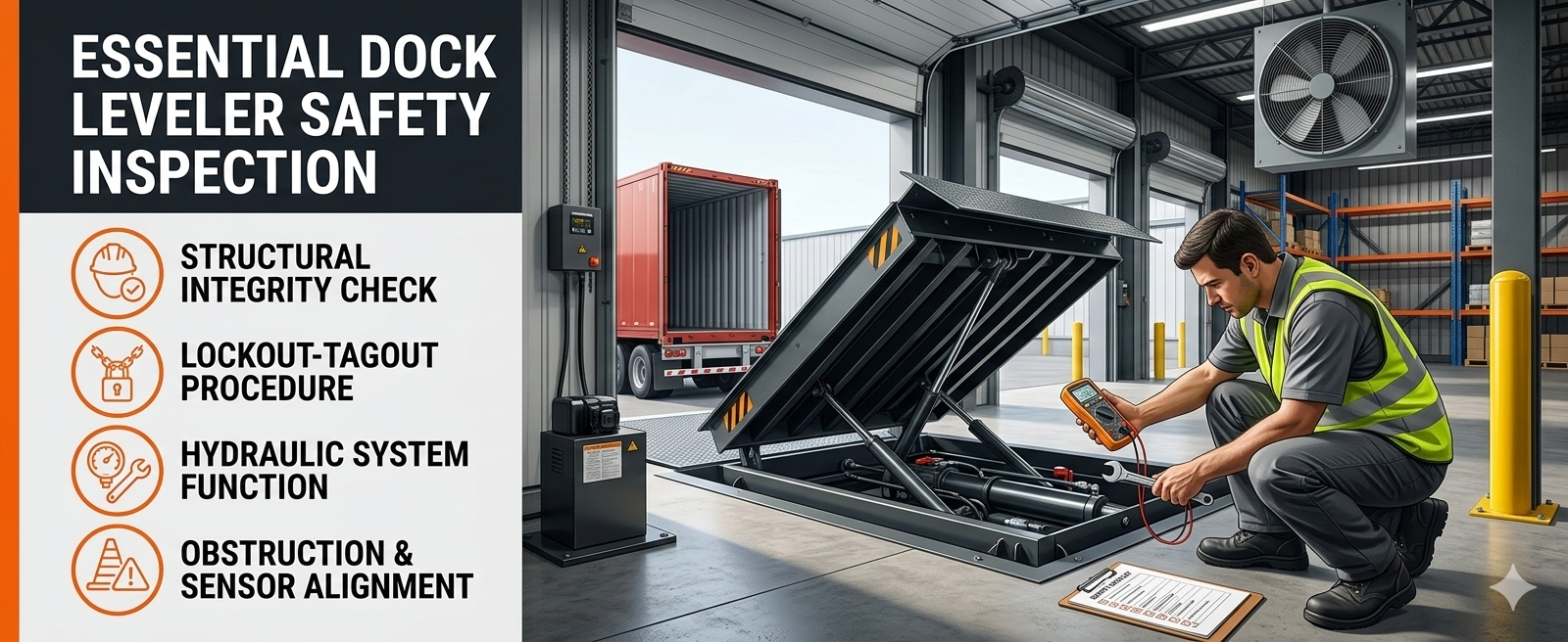 Educational banner featuring a technician checking a hydraulic dock leveler alongside a safety inspection checklist.