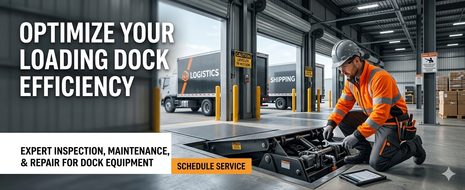 Maintenance worker in high-visibility gear repairing a warehouse loading dock leveler with delivery trucks in the background.