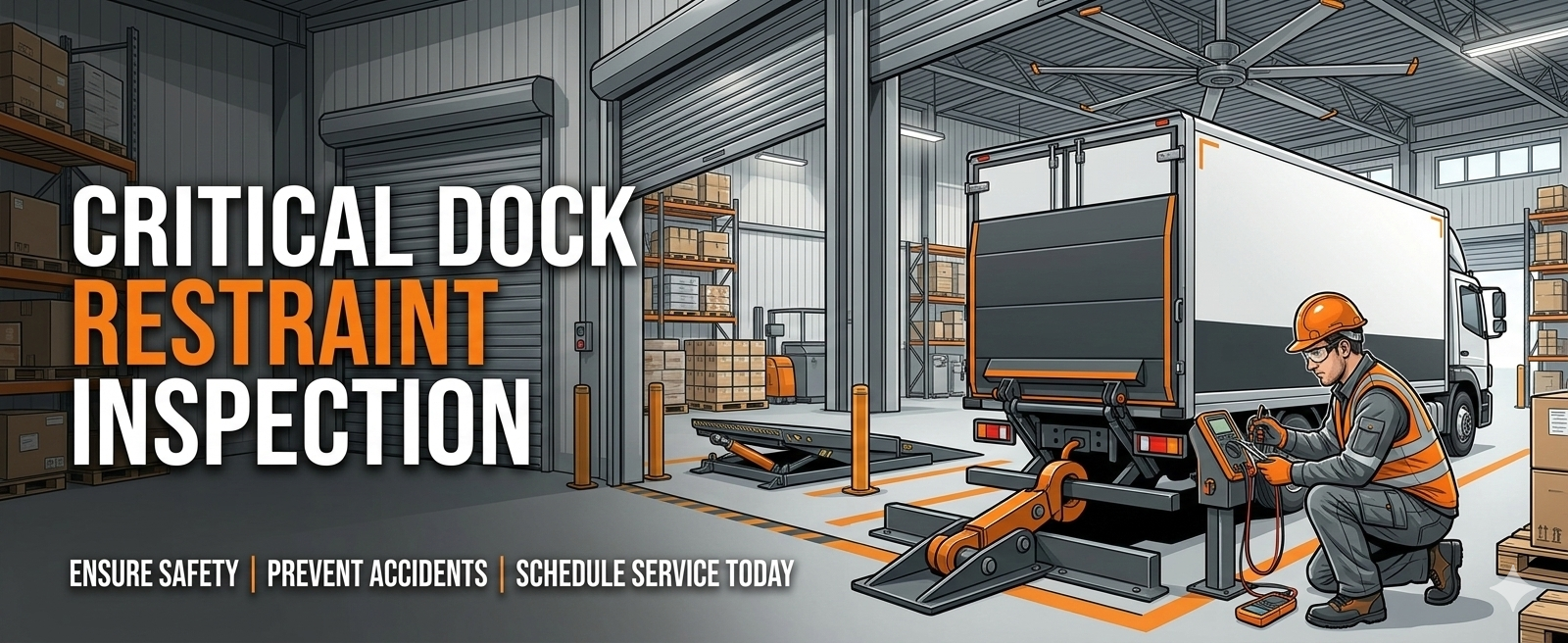 Industrial technician inspecting a yellow mechanical vehicle restraint system securing a trailer at a warehouse loading dock.